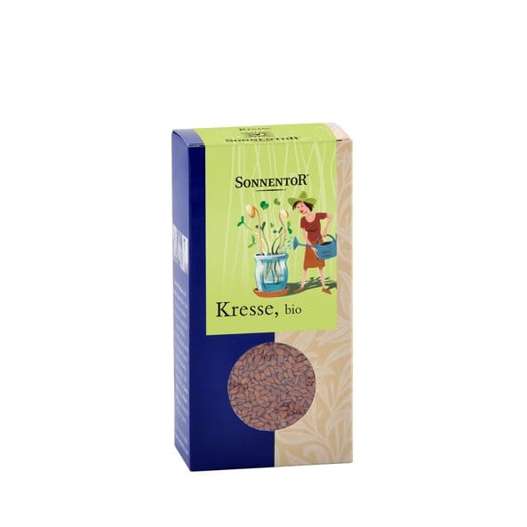 A package of Sonnentor Organic Cress Seeds 120g, featuring the brand logo, product name, and an illustration of a woman planting seeds.