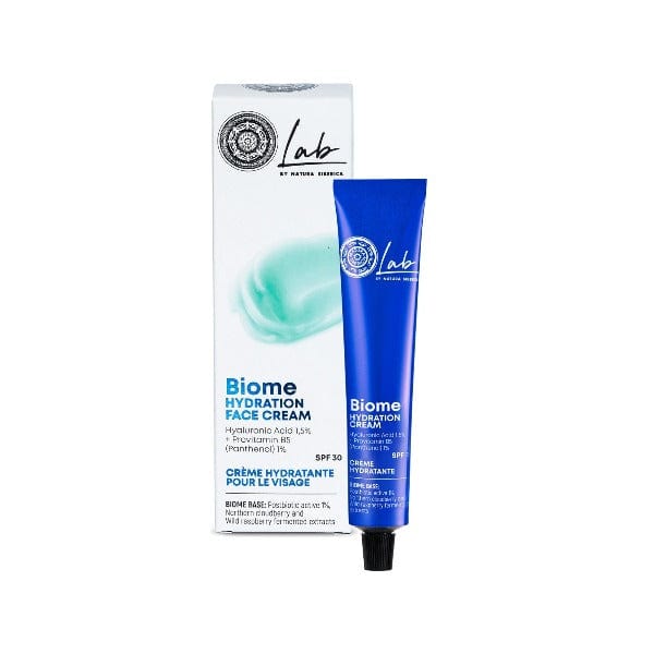 A tube of Natura Siberica Lab Biome Hydration Face Cream with SPF30 in front of its packaging box.