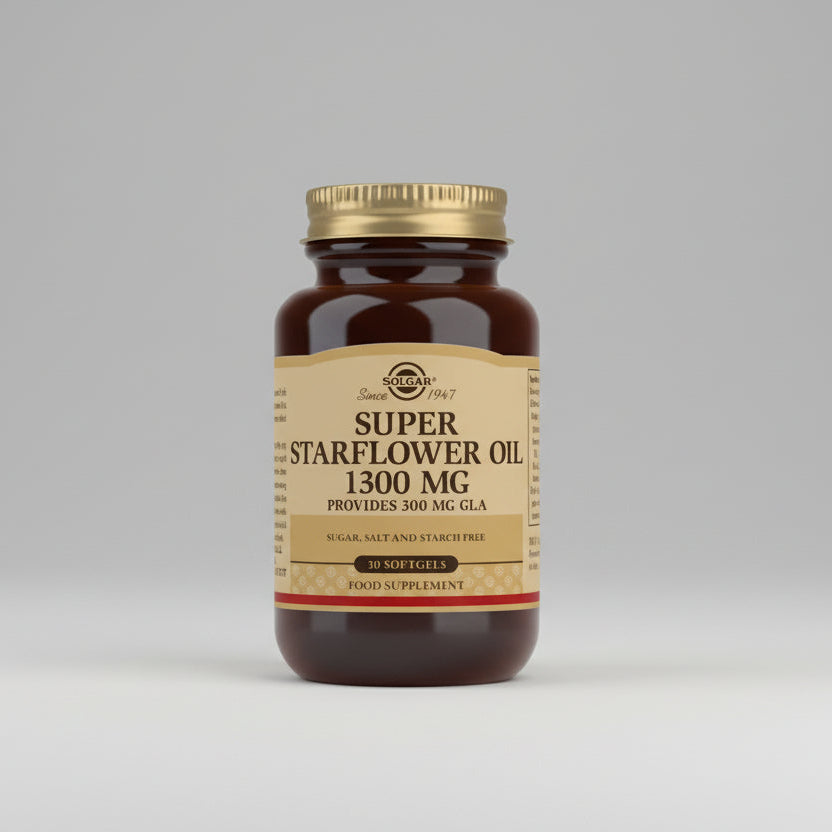 A bottle of Solgar Super Starflower Oil 1300 mg with 30 softgels, providing GLA  gluten-free.